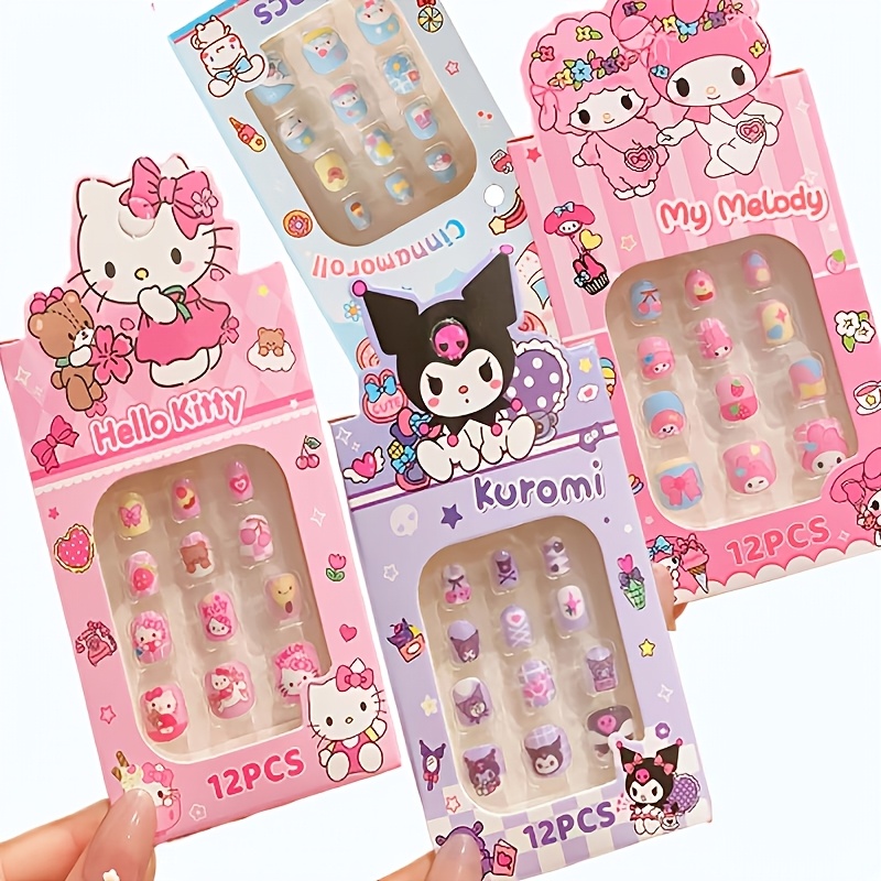 E-shop 4er-Set Sanrio Kuromi Melody Cinnamoroll Aufklebenagel-Set, künstliche Nagelspitzen mit vollständiger Abdeckung, kurz, quadratisch, oval, 12