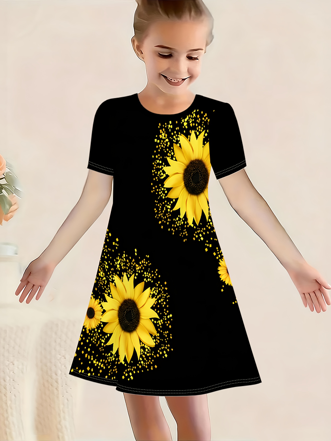 girl sunflower dress sold on Temu United States