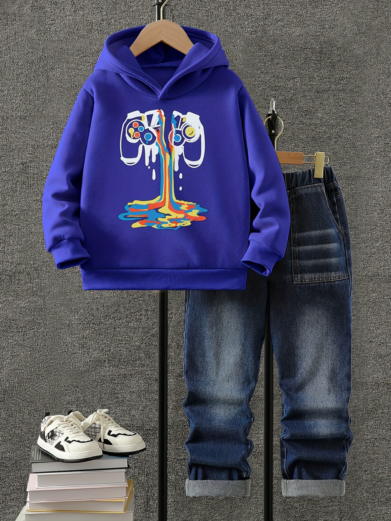 Autumn And Winter Boys' "game Controller" Creative Pattern Print Hoodie, Loose Thick Hooded Long-sleeved Sweatshirt + Fashionable Denim Pants Boys' Clothing, Casual Wear, Back-to-school Season Boys' Suit, Perfect for Outdoor - Image 4