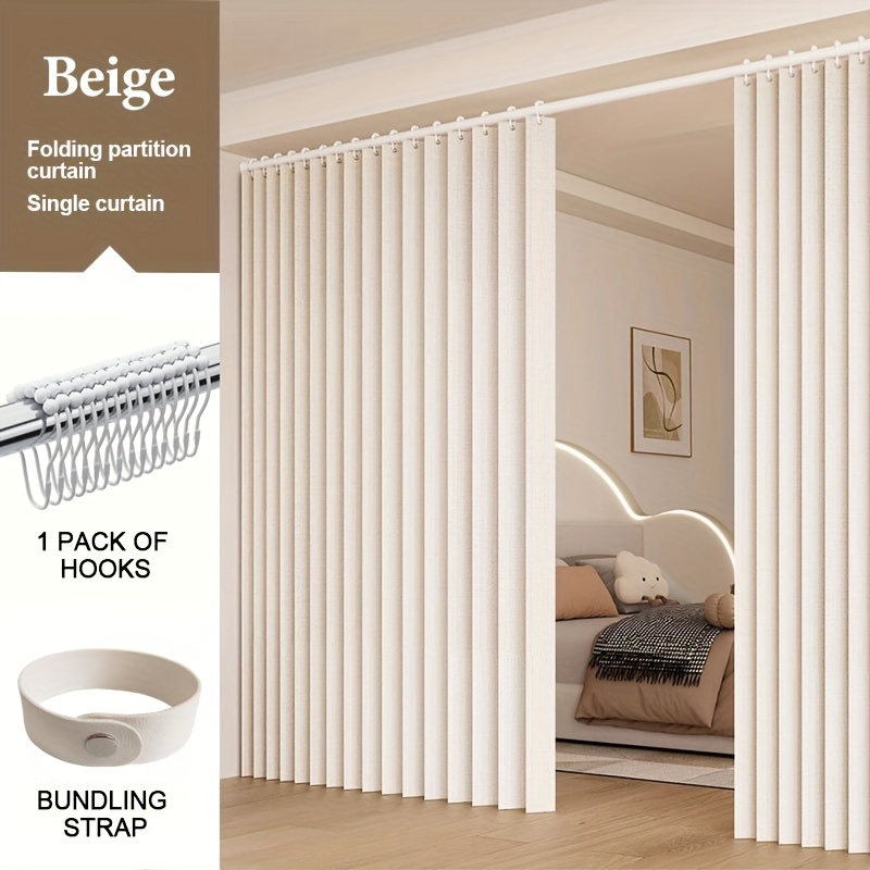 TEMU 1pc High-temperature Molded Wrinkle Foldable Living Room Partition Curtain, Top Perforated, With Plastic Hooks And Storage Noise, Polyester