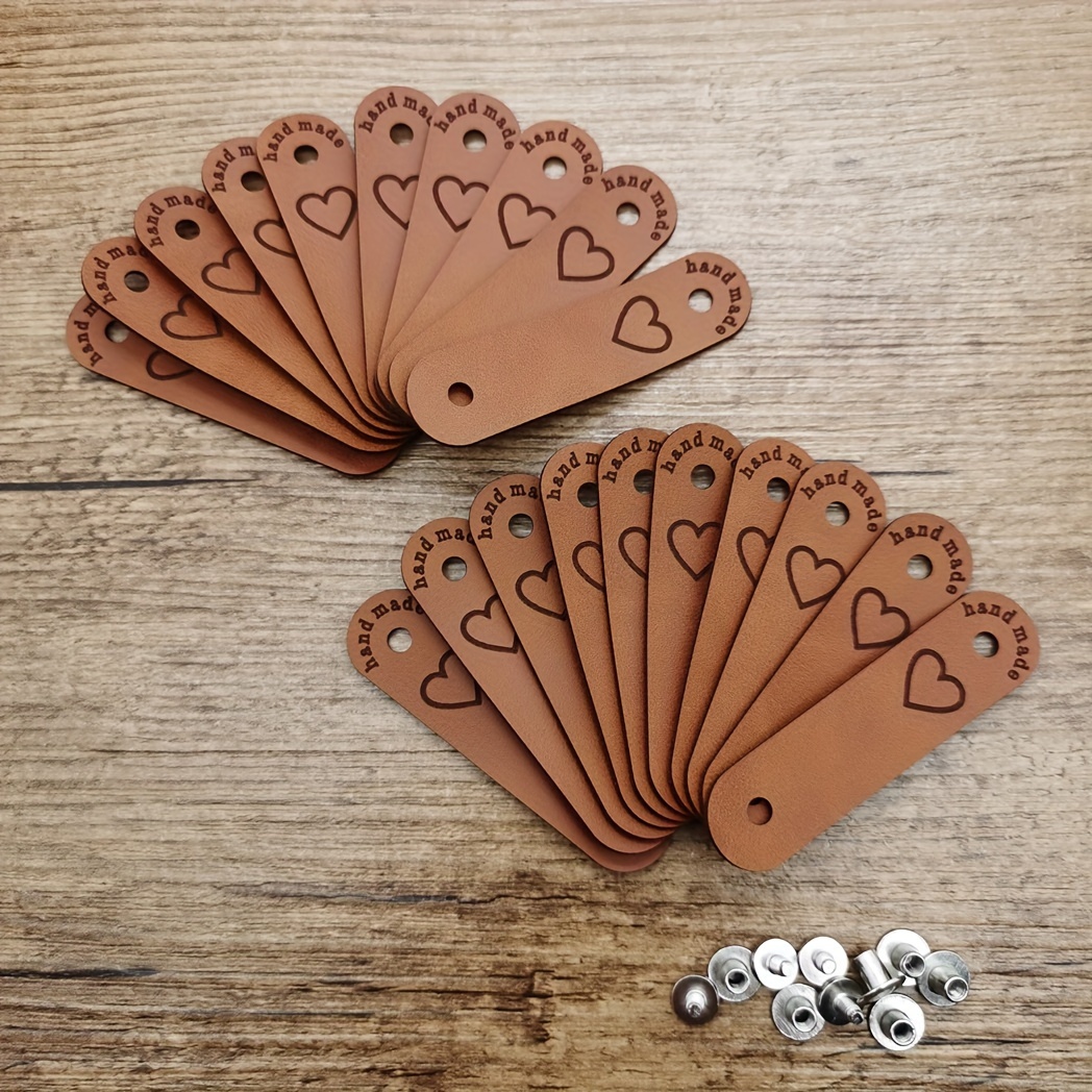 TEMU 20 Pack Handmade Faux Leather Labels, Heart-shaped Tags With Rivets For Knitting, Sewing, And Crafts