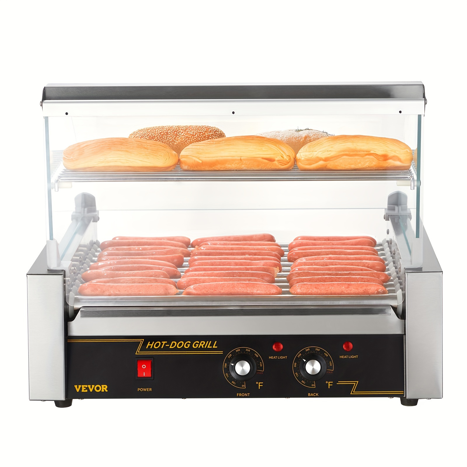  hot dog roller 11 rollers 30 hot dogs capacity 1650w stainless sausage grill cooker machine with hood acrylic cover bun warmer shelf removable drip tray etl certified details 1