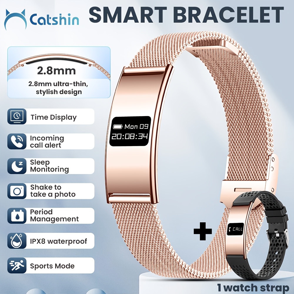 The Catshin "Fashionable And Lightweight Smart Bracelet" Features an Ultra-Thin Design, IPX8 Rating, Call Reminders, a Pedometer, Sleep Monitoring, And Multiple Sports Modes, Compatible with Iphone/Android. It Is a Easy, Stylish