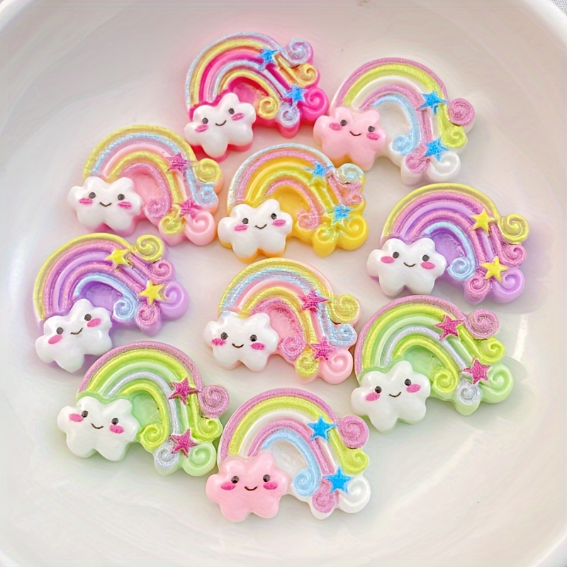 Image of 12pcs Cute Resin Cartoon Smiling Clouds & Rainbow Stars - Colorful Flatback Diy Craft Decorations For Scrapbooking, Home Accessories & Whimsical Handmade Projects