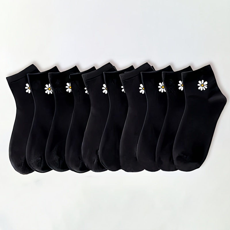 E-shop 5/10 Paar Schwarze Socken mit leichtem Blumenmuster, Wadenlange Socken, Weiche, bequeme, atmungsaktive Socken, Unisex, Geeignet für und Büro