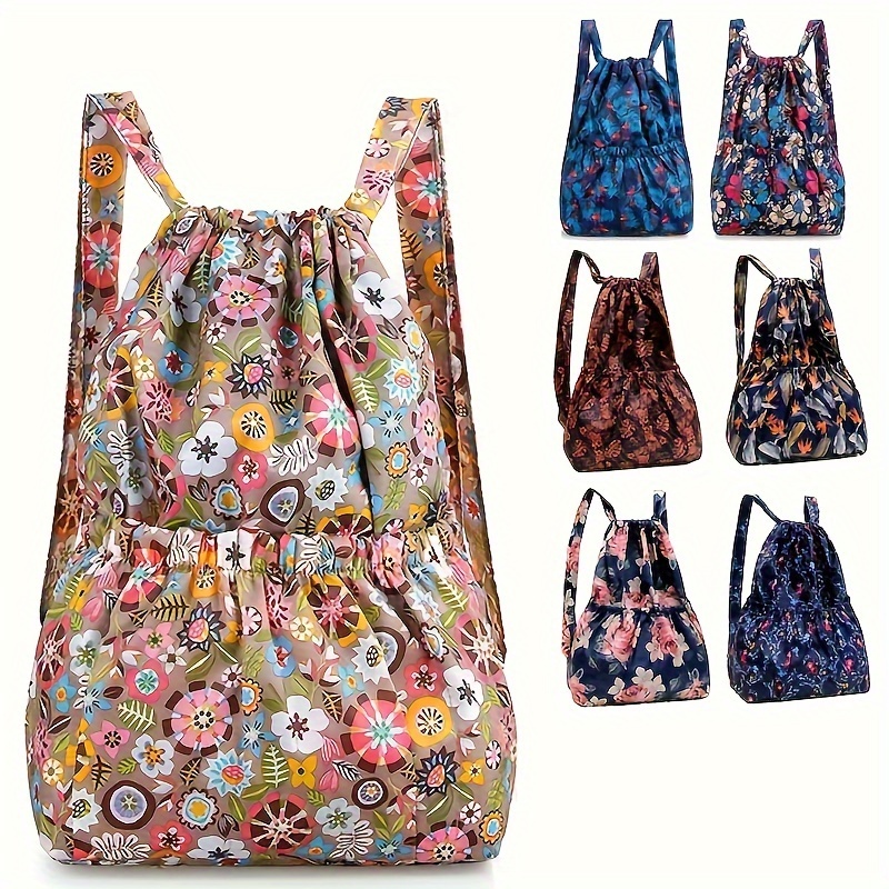 

Floral & Geometric Nylon Drawstring Backpack - Lightweight, Rucksack With Wrist Strap, Polyester Lining - In Pink, Blue, Brown, Navy - Handwash/, Travel Backpack