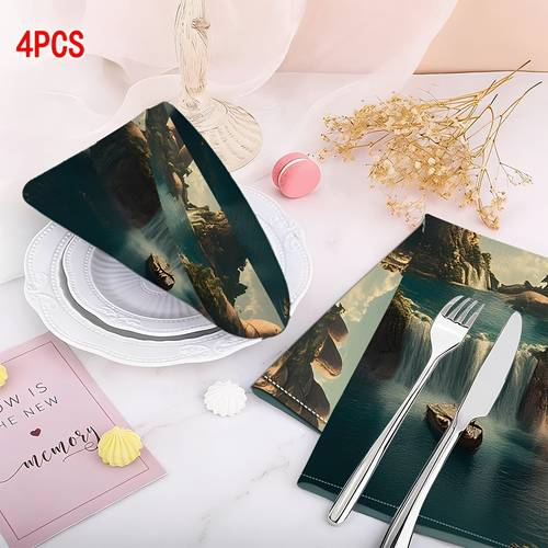 4pcs pack cloth napkins suitable for dining tables picnics bars natural landscape themed table decor with scenic patterns rectangular napkin sheets for home decor birthday gifts valentines day dinner decoration
