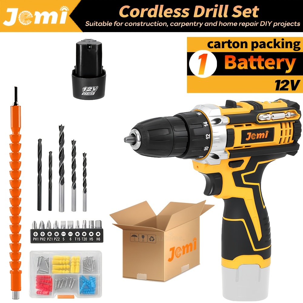 Jemi Tool 12v/21v Drill Kit, 1/2 Battery, 18+1/25+3 Torque Settings With Led Light, 45 Additions Combination Optional, Equipped With Portable Plastic Box, Suitable For