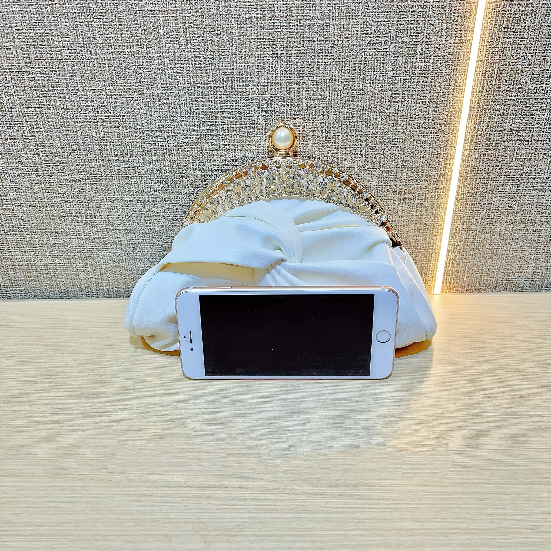 Elegant White Mini Clutch with Golden Rhinestone Crown, Removable Shoulder Strap, and Pearl Accents - Perfect for Evening Parties, Banquets, and Special Occasions, Ladies' Handbag