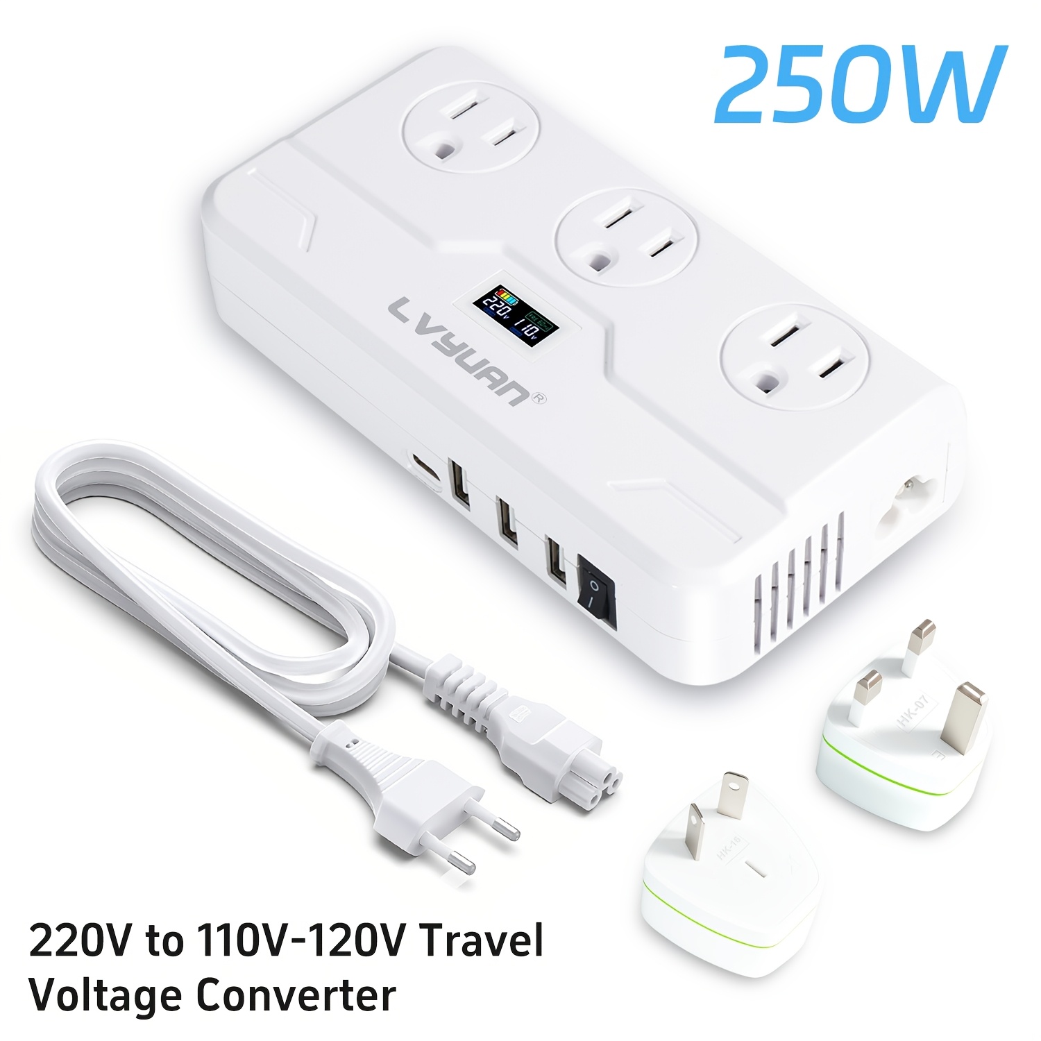 TEMU Lvyuan Universal Travel Adapter 100-220v To 110v-120v Voltage Converter 250w With 6a 4-port Usb-c (20w Pd) Charging 3 Ac Sockets And Eu/uk/au/india Worldwide Plug Adapter (black)
