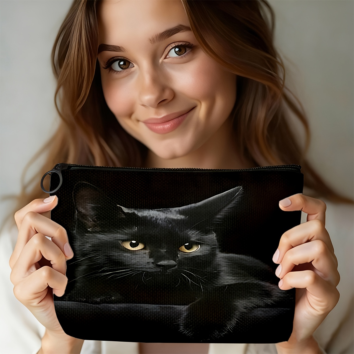 TEMU 1 Black Cat Pattern Makeup Bag - Secure Zipper Design, Durable Polyester Travel Toiletry Organizer Pouch, Compact And Portable Cosmetic Case For