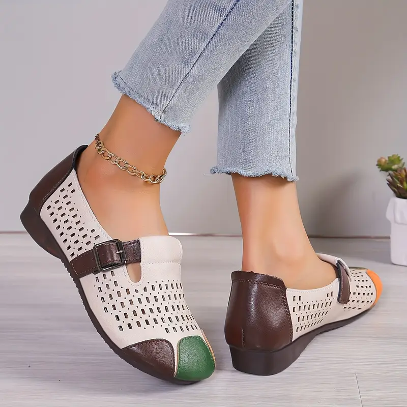 womens colorblock flat shoes casual hollow out design slip on shoes comfortable strap design shoes details 2