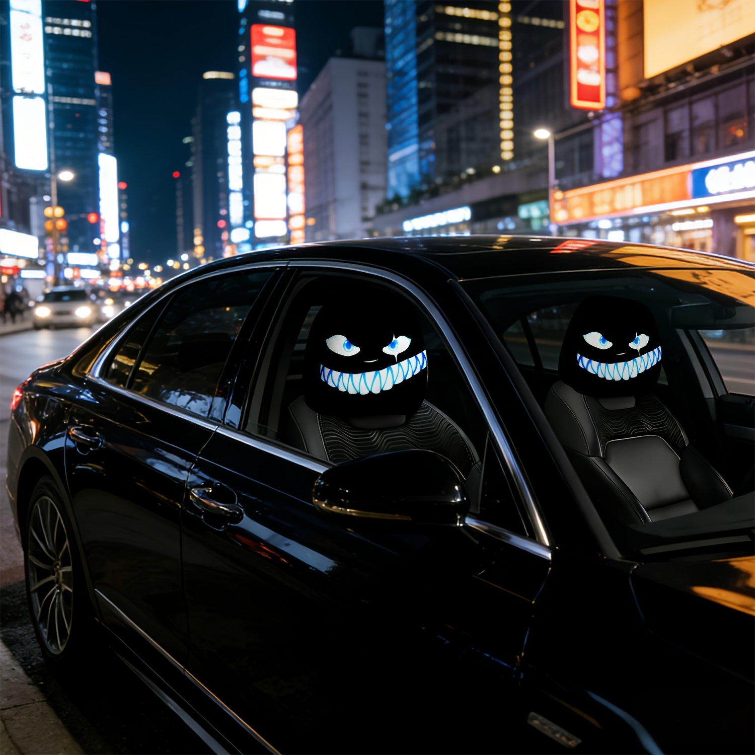 TEMU Lot de 2 housses d'appuie-tête de voiture à visage joyeux phosphorescent et ombre mystérieuse - Convient aux berlines, camions, VUS, lavables,