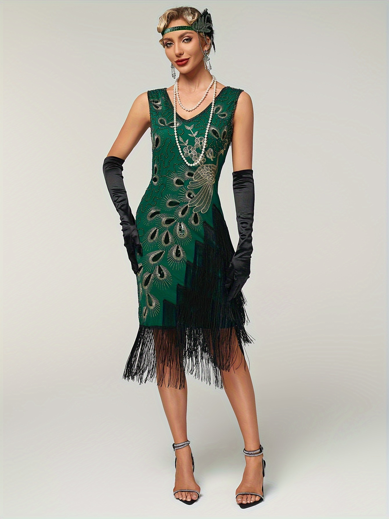 green 1920s flapper dress Zapaka Women 1920s Dress Dark Green Scoop Neck Flapper Dress With Fringes, Dark Green / M main image 0