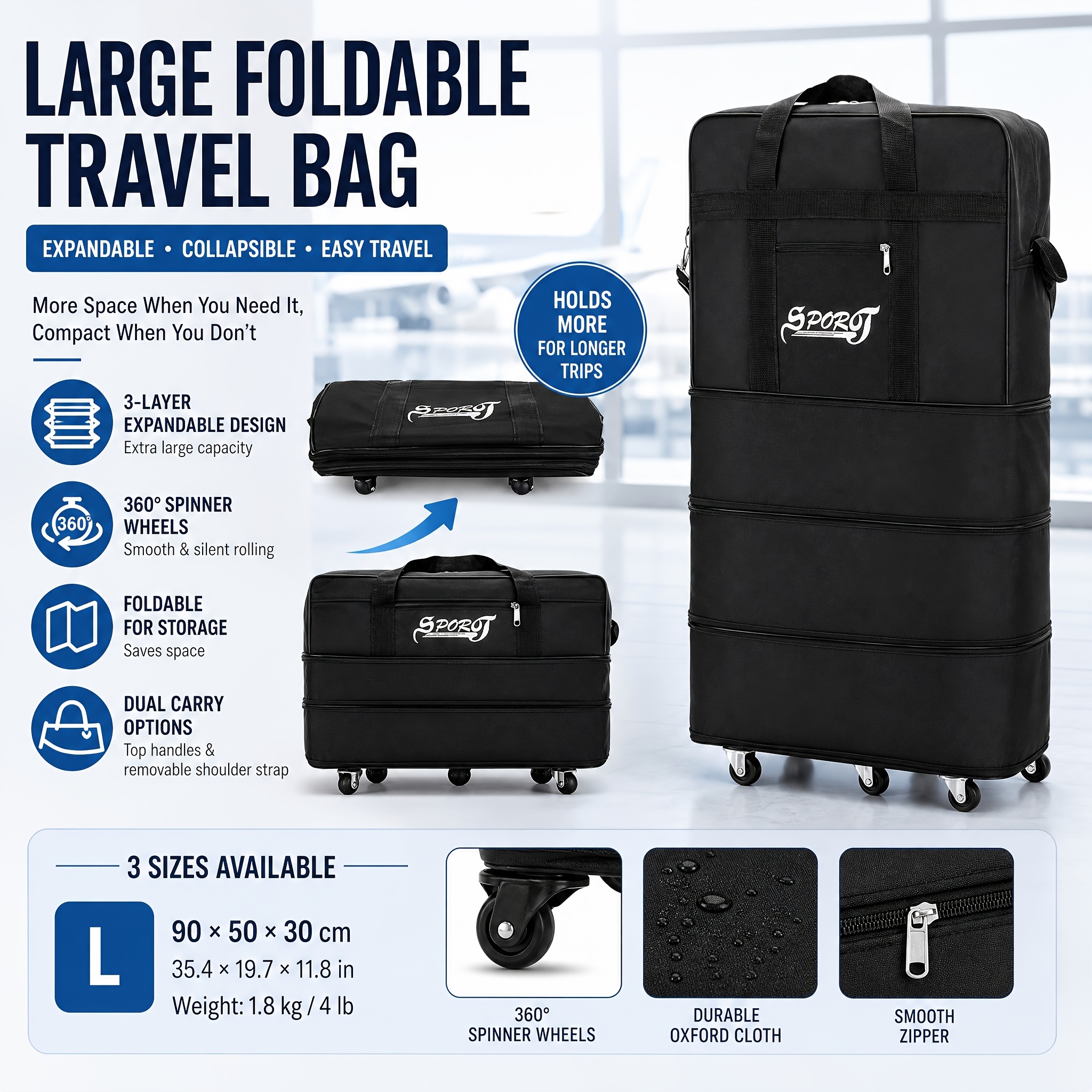 TEMU Large Expandable Foldable Suitcase With 360° Spinner Wheels, Durable Oxford Cloth Travel Bag – Lightweight, Collapsible Design For , Multiple