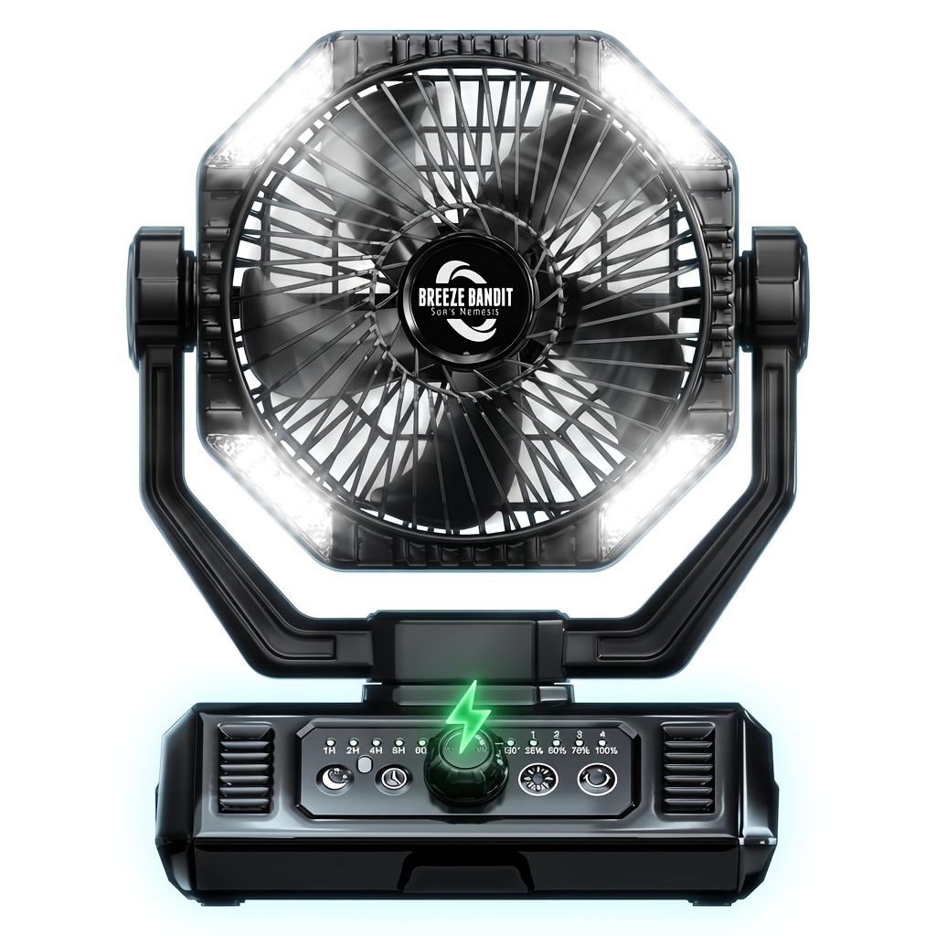 TEMU 20000mah Rechargeable Camping Fan With Led Light | Portable Battery Powered Oscillating Fan With Remote Control, Essential For Tent, Travel, Bedroom, Car, Outdoor, Compact And Durable