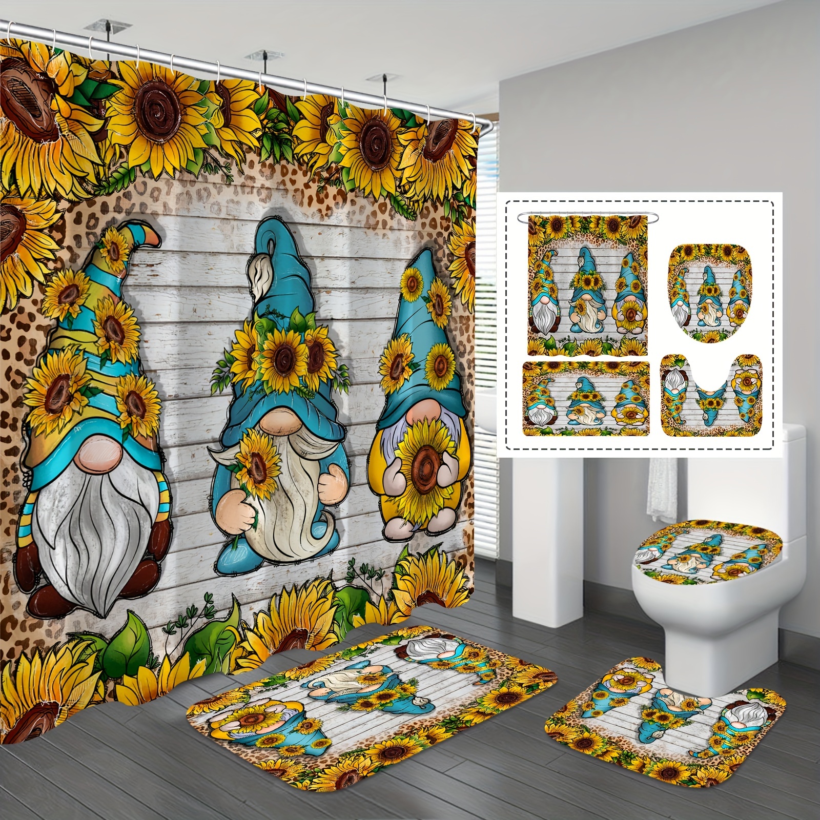 

1/4pcs Sunflowers Gnomes Shower Curtain Set, Waterproof Shower Curtain With 12 Hooks, Non-slip Bathroom Rug, Toilet U-shape Mat, Toilet Lid Cover Pad, Bathroom Decor