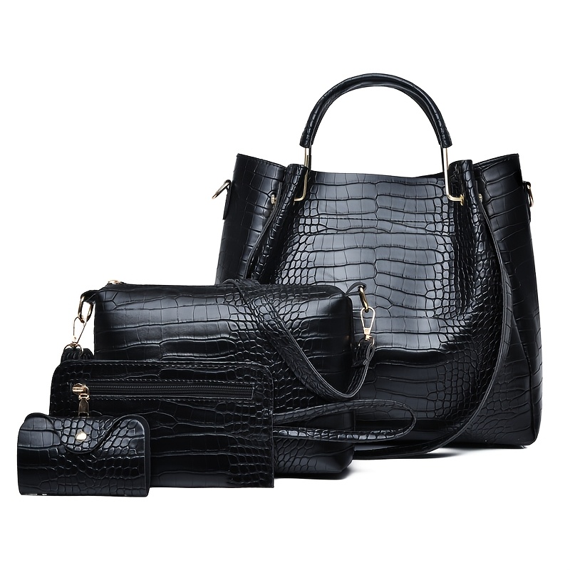TEMU Set da 4 pezzi: Borsa da pendolare vintage in PU con motivo coccodrillo , borsa a tracolla, portamonete e zainetto. Portatile, casual, business
