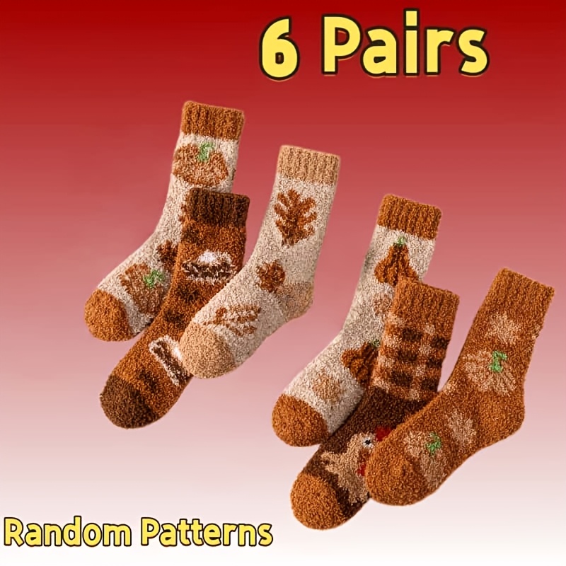 TEMU 6 Pairs Random Patterns, Women's Autumn And Thanksgiving Plush Mid-calf Socks, Pumpkin, Turkey, Maple Leaf Printed Socks, Thickened Warm Sleep