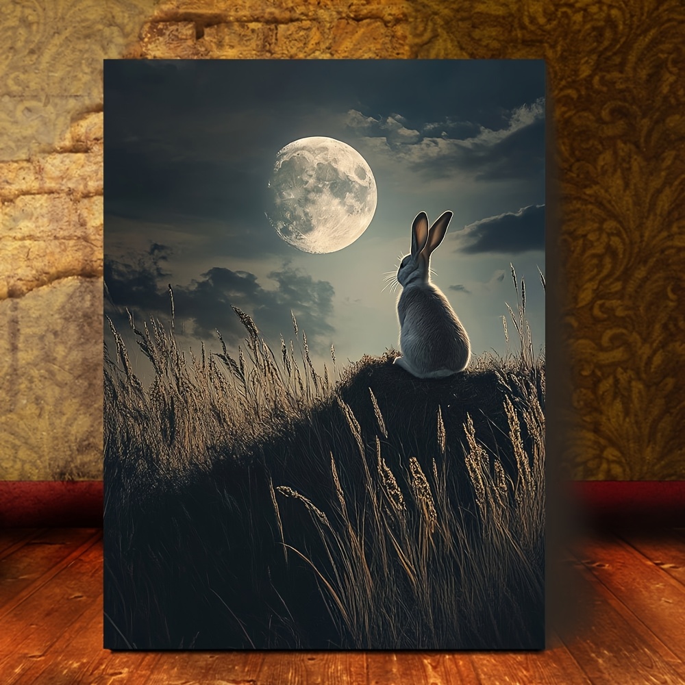 TEMU 2d Flat, 1pc Rabbit Canvas Wall Art, 12"x32" Frameless Ready To Hang, Country Scene With & Silhouette Of Rabbit In Grass, Ideal For Bedroom,