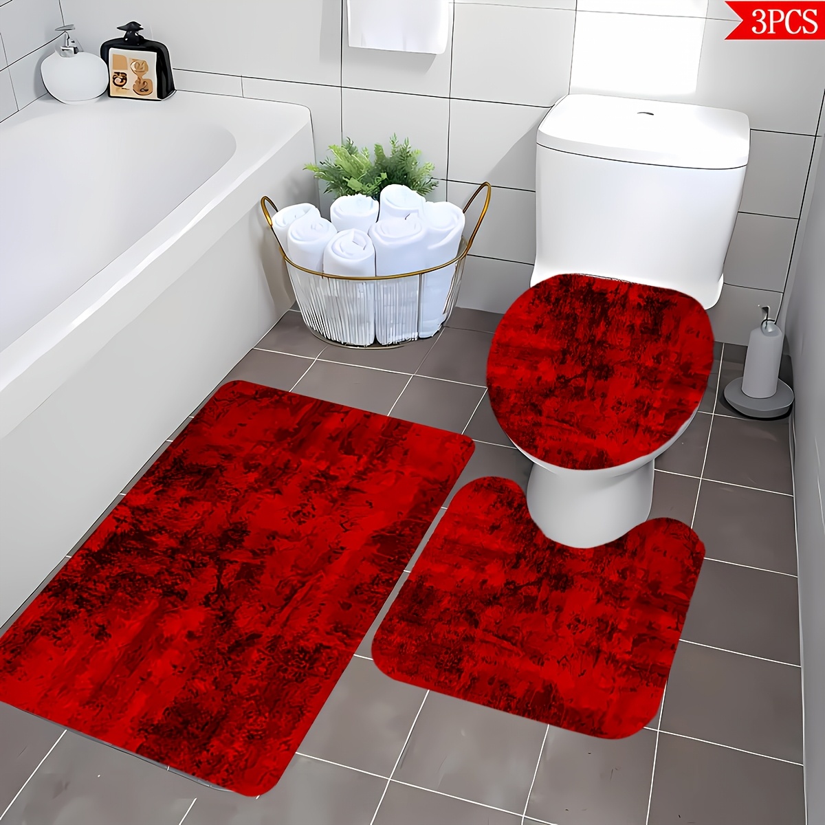 TEMU 3pcs Minimalist Red Pattern Bath Mat Set, For Home Decor, Bathroom Decor | Elegant Floor Mat | Durable Bath Mat, Bath Mat Set, Bathroom Rug