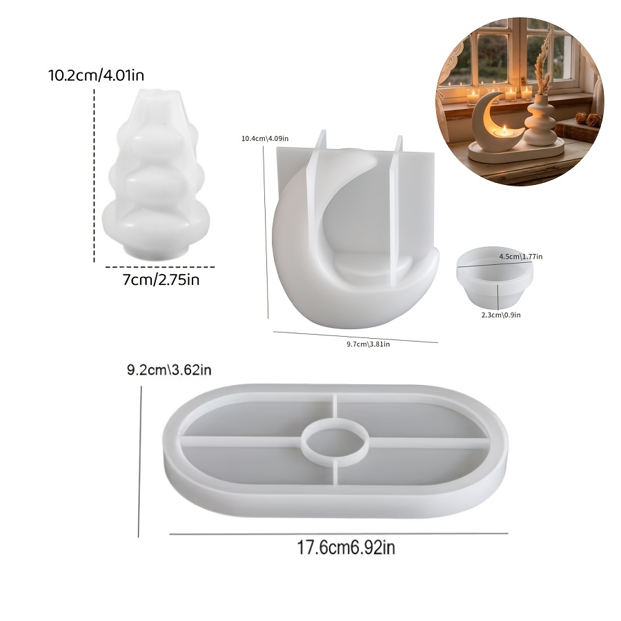 TEMU Juego de 4 moldes de silicona de resina que de luna, nórdico y bandeja , ideal para hacer velas de yeso epoxi y productos, decoración del hogar,
