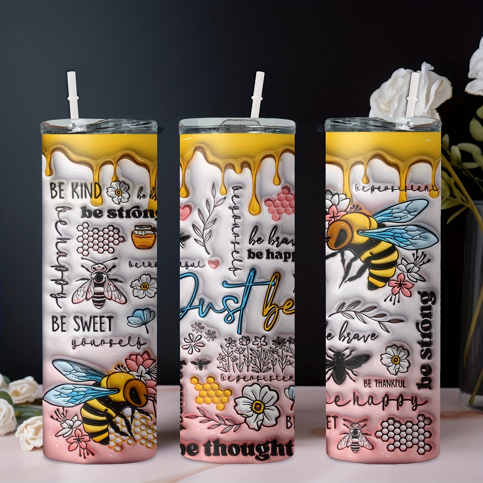 

1pc, 20oz Bee Honey Pattern Straight Cup, Printed Positive Affirmation Sentence Just Bee Stainless Steel Insulated Insulated Cold Water Cup Suitable For Gifts For Friends Family (with Straw)