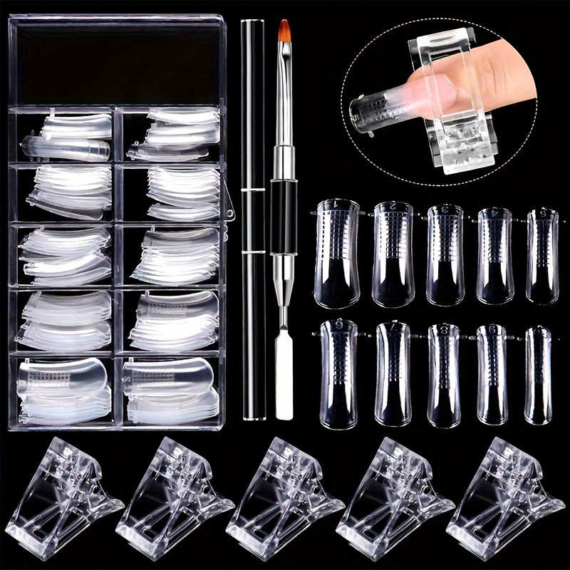 

Professional Nail Extension Kit: 10 Clear Form Tips, Dual Mold System, Uv Poly Gel Tools With Black Dual-ended Brush & Clamp - Odorless, Salon-quality Manicure Set For Home Use