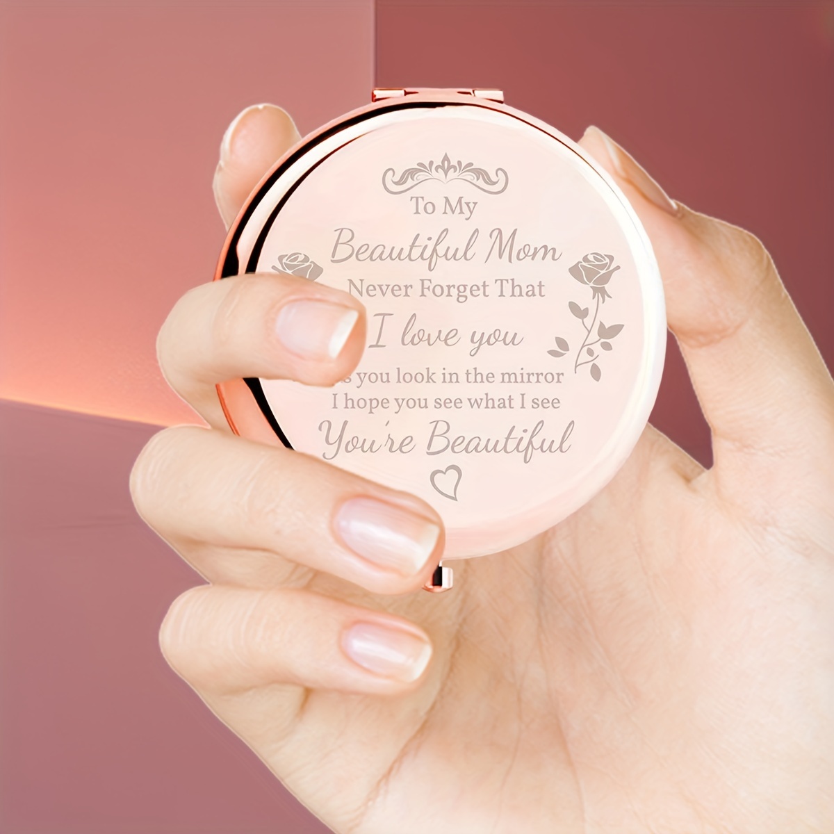 

Handheld Compact Mirror For Mom, Stainless Steel Polished Finish, Portable Makeup Mirror With Inspirational Message, Character Theme, Glass Surface, Dresser Mount, Unscented - Ideal Mother's Day Gift