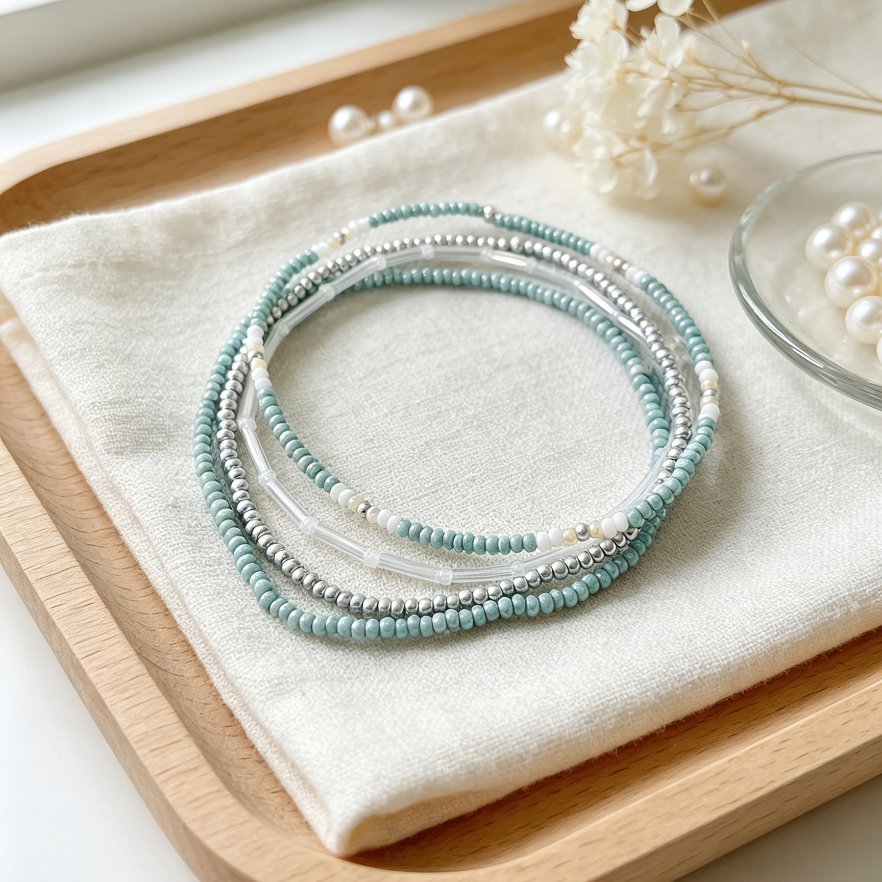 4pc Light Teal Blue Beaded Bracelet Set for Women