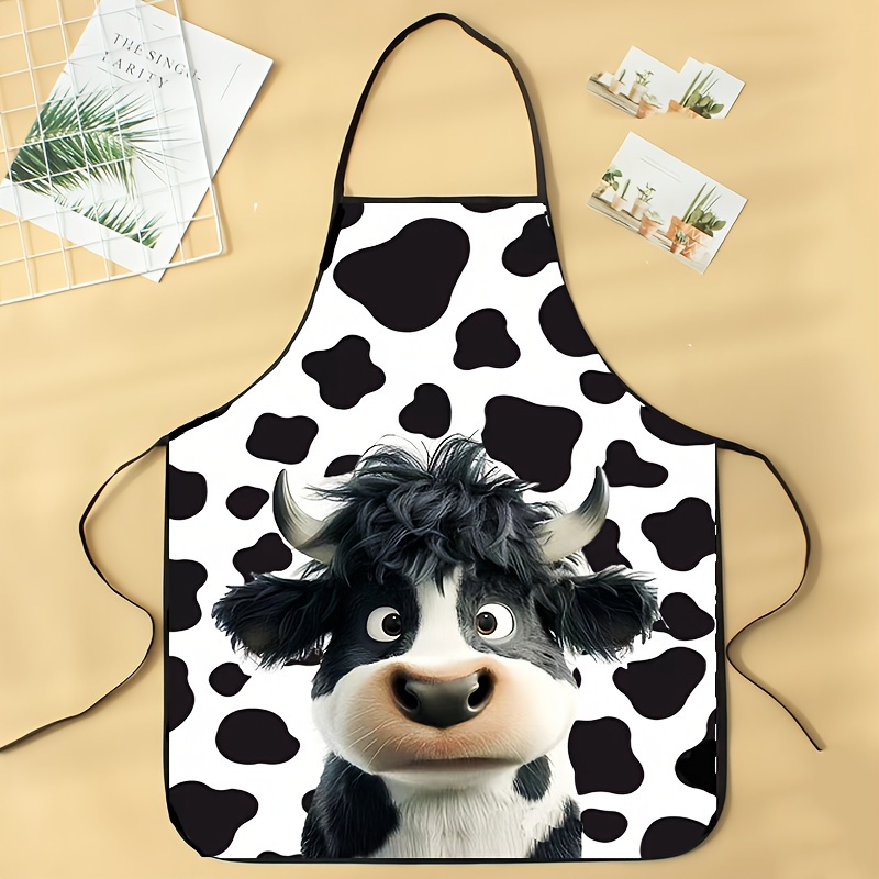 

1pc Cartoon Cow Print Apron, Unisex Apron, 100% Polyester, Woven Fabric, 150gsm, And Washable, For Cooking And Baking