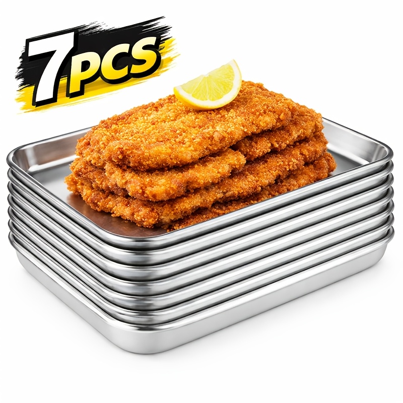 item picture 5 7pcs heavy duty stainless steel basting dishes deep coating marinade trays suitable for marinating meat poultry fish   prep table stackable kitchen baking tools oven dishwasher safe bbq additions multifunctional container