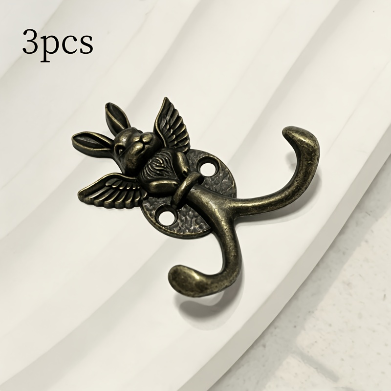 TEMU 3pcs Vintage Winged Rabbit Hooks (includes Mounting Screws)/double-claw Hooks/ Alloy Wall-mounted Home Decor Over-the-door Coat Hooks/entryway