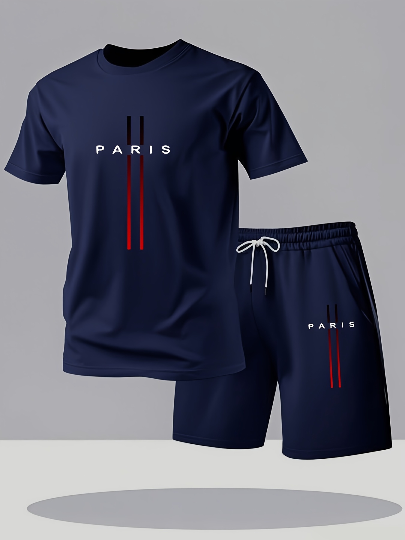 Men'S Summer Casual Two-Piece Set: T-Shirt with "PARIS" Print & Shorts, Comfortable Round Neck Short Sleeve Outfit for Casual Attire, Everyday Comfort Wear | Relaxed Fit Tshirt | Breathable Fabric