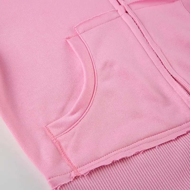 schickes Y2-Sweatshirt mit Kapuze und Reißverschluss und Taschen, lässig, einfarbig, dehnbare Polyestermischung, maschinenwaschbar, Details 3