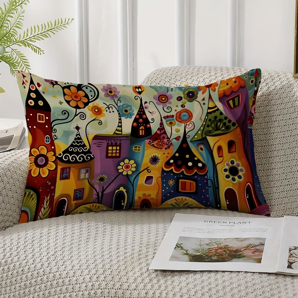 TEMU per cuscino da pz in peluche corto bifacciale con vivace e - Design a pittura a olio con case colorate e fiori, lavabile in lavatrice, 12x20
