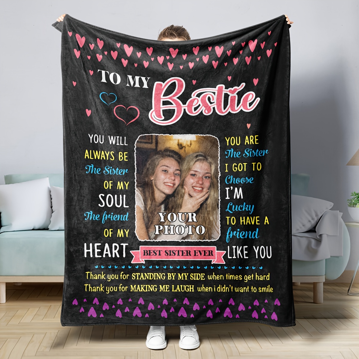 

Customizable & Sister Blanket - Personalized , , , Knitted Polyester, Multipurpose For &