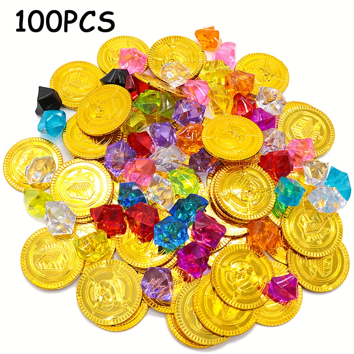 E-shop Piraten-Schatztruhe: 10er/50er/100er/150er Set mit Goldmünzen & synthetischen Edelsteinen – für Piratenparty-Geschenke, Halloween- &