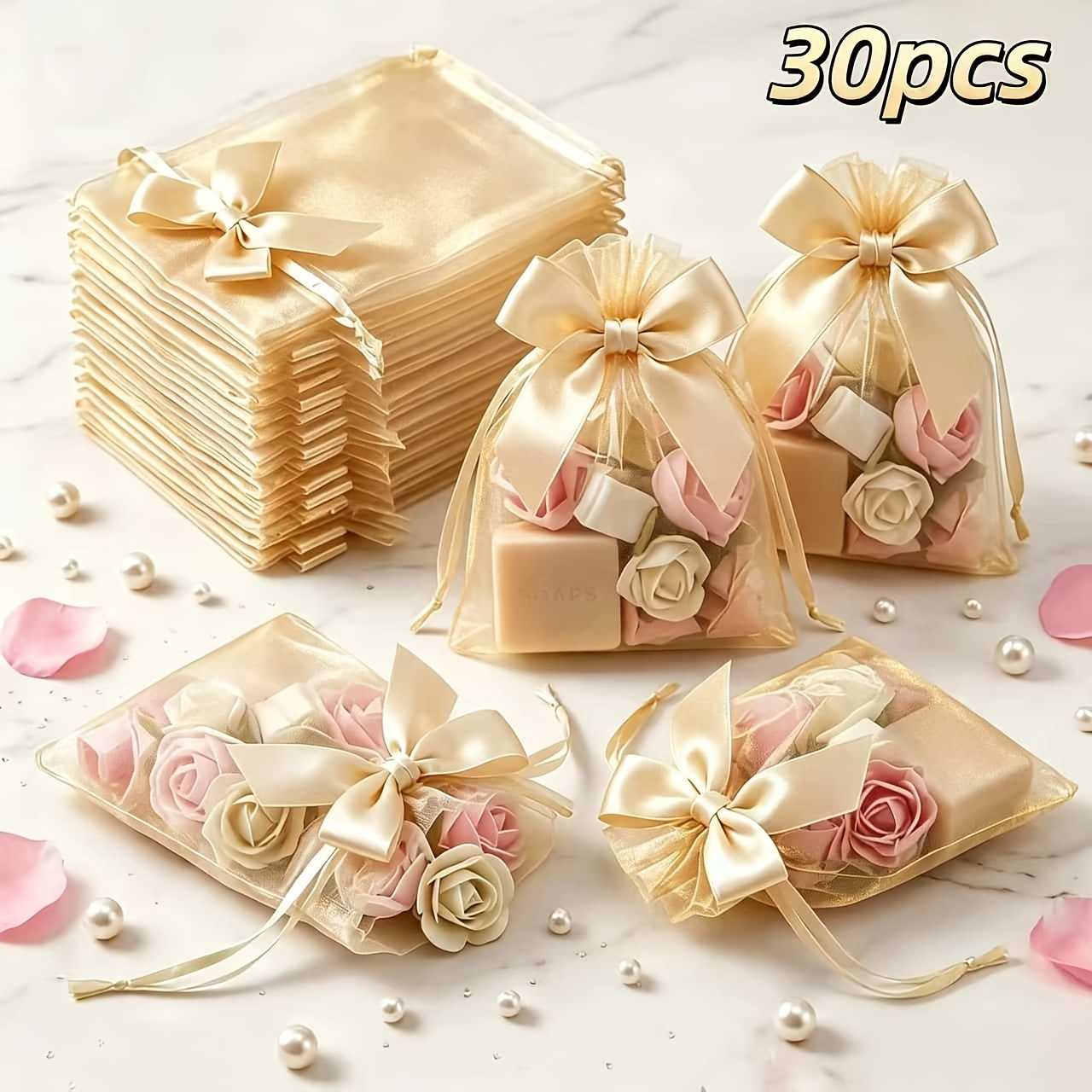 TEMU 30pcs 10 X 15cm/3.94in X 5.91in Off-white, Sky Blue, Golden, Pink Satin Ribbon Bow Organza Gift Bags, Pink Mesh Drawstring Bags, Elegant Jewelry