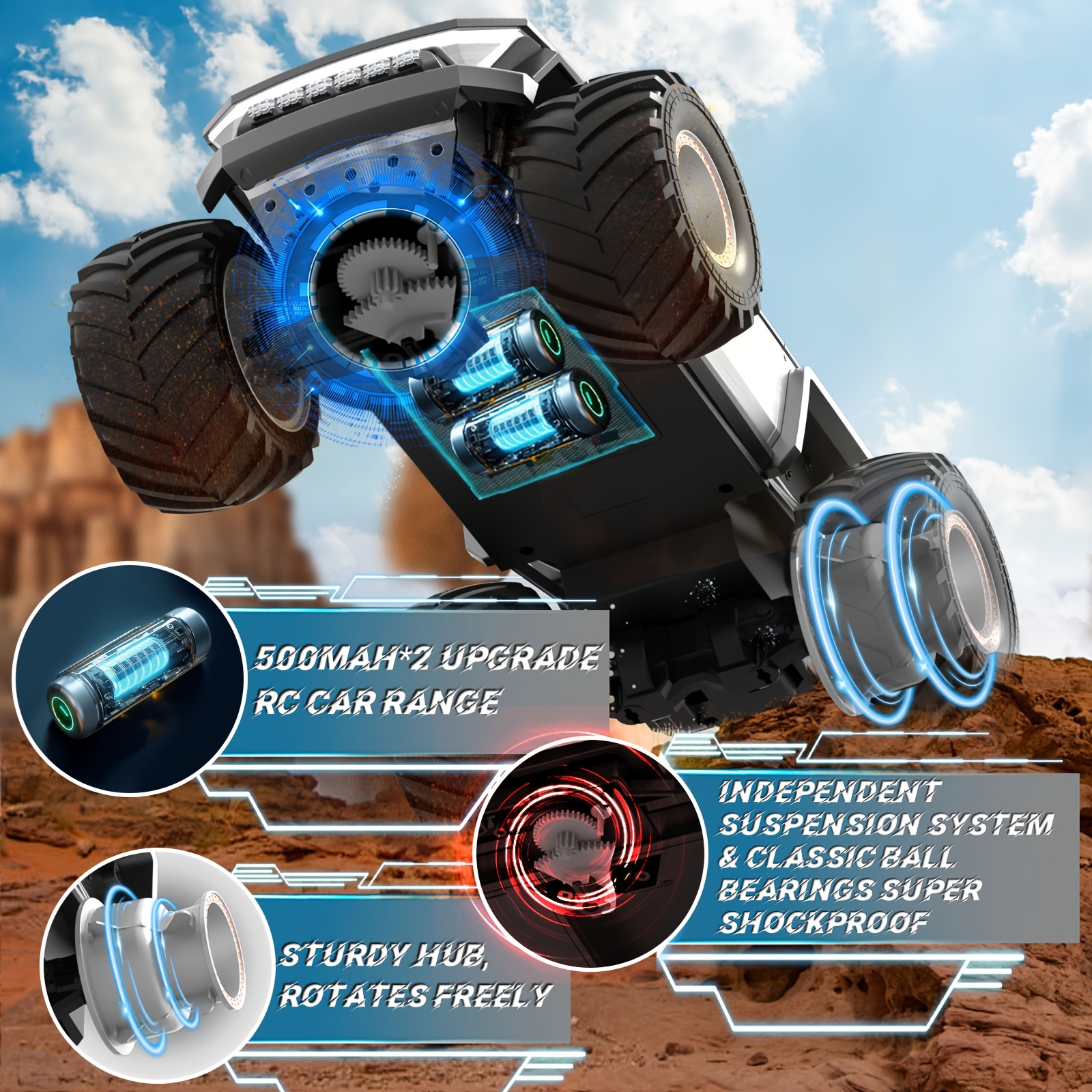 Remote Control Monster Truck Toy with USB/Battery Powered LED Lights, Realistic Engine Sounds, Off-Road Truck, All-Terrain Vehicle, Compatible with Gaming Controllers - Birthday/Christmas Gift for Boys & Girls Ages 3+ (Durable Construction), Toycar