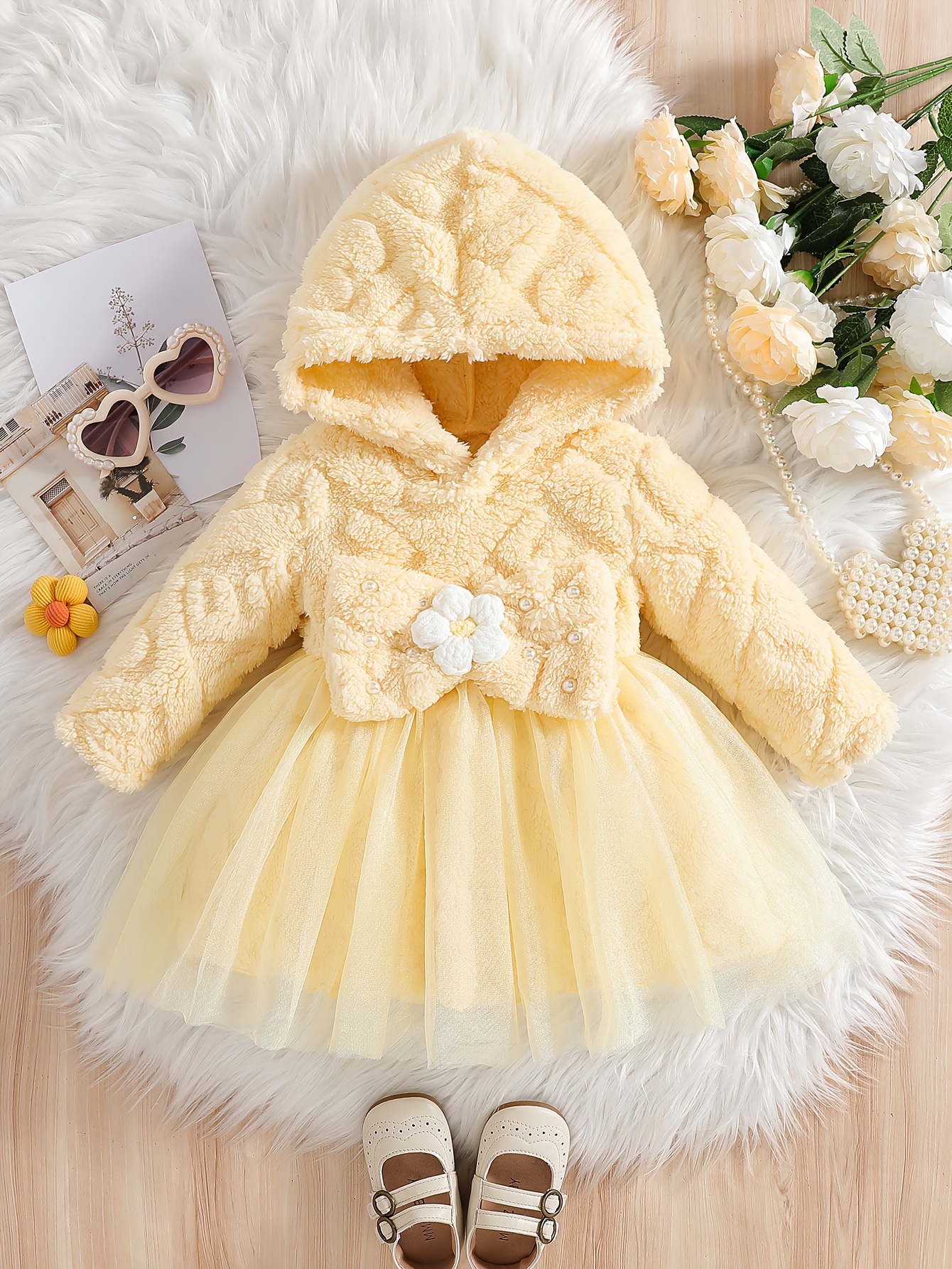 baby girl dress princess autumn cute A Yellow Hooded Dress for Baby Girls in Autumn And Winter, Featuring a  Plush Top * with a Mesh Skirt * with Three-Dimensional Flowers, Embodying a  * Style. This Cute And Exquisite Little Princess