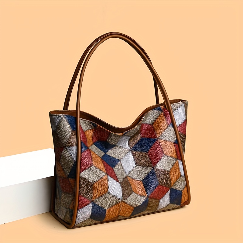 

Sac fourre-tout de grande capacité pour femmes, motif patchwork géométrique, style rétro, sac à bandoulière en cuir PU pour un usage quotidien.