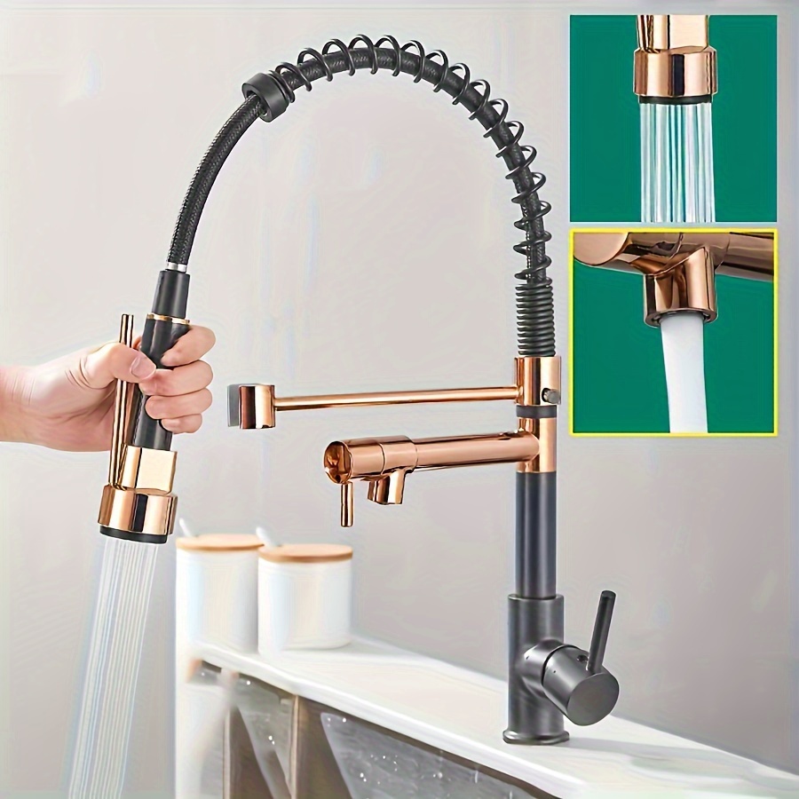 

Modern Kitchen Faucet With Pull-down Sprayer - Single Handle, High Arc, Spring Action, 360° Swivel, Splash-proof Spout, Stainless Steel, Black & Golden