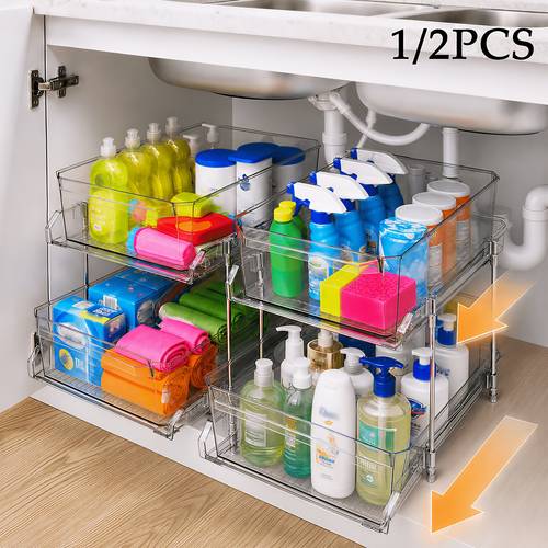 1/2pcs Large-Capacity Double-Layer Transparent Pull-Out Storage, Multi-Purpose Slide-Out Storage Space-Saving Design, Durable Plastic Shelves, Bathroom Vanity Storage, Sink Cabinet Storage, Kitchen Organization