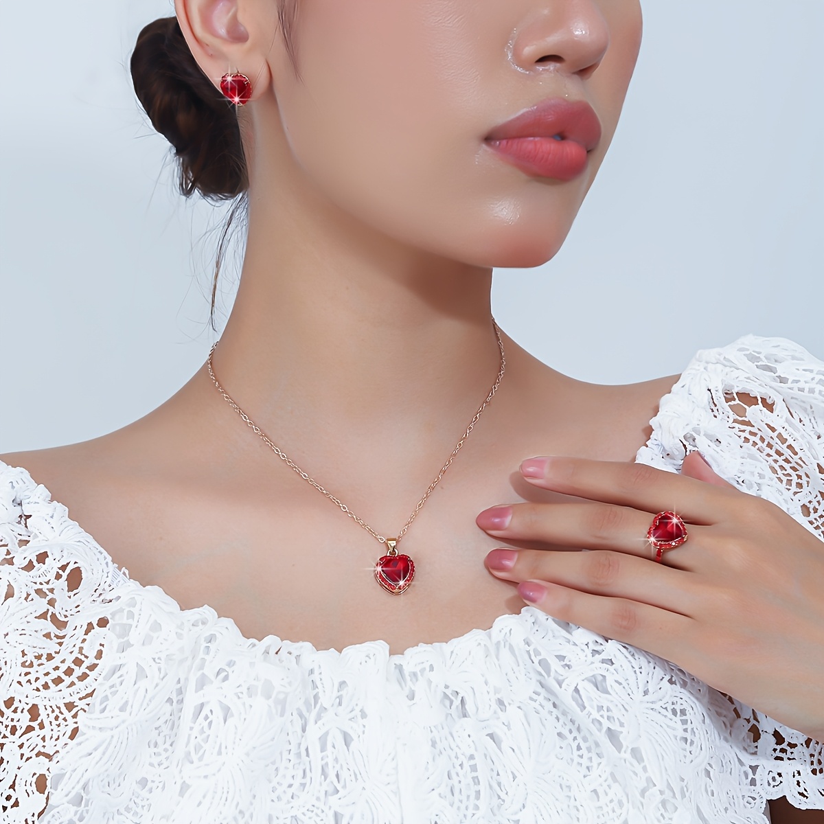 4pcs Elegant Heart Pendant Necklace, Earrings & Ring Set