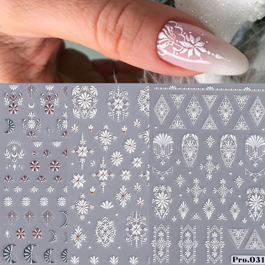 

Autocollants pour ongles en relief Bohémien 5D : Designs de mandala floral blanc pour manucures de printemps/été - 3 feuilles, auto-adhésifs, accents pailletés, à usage unique