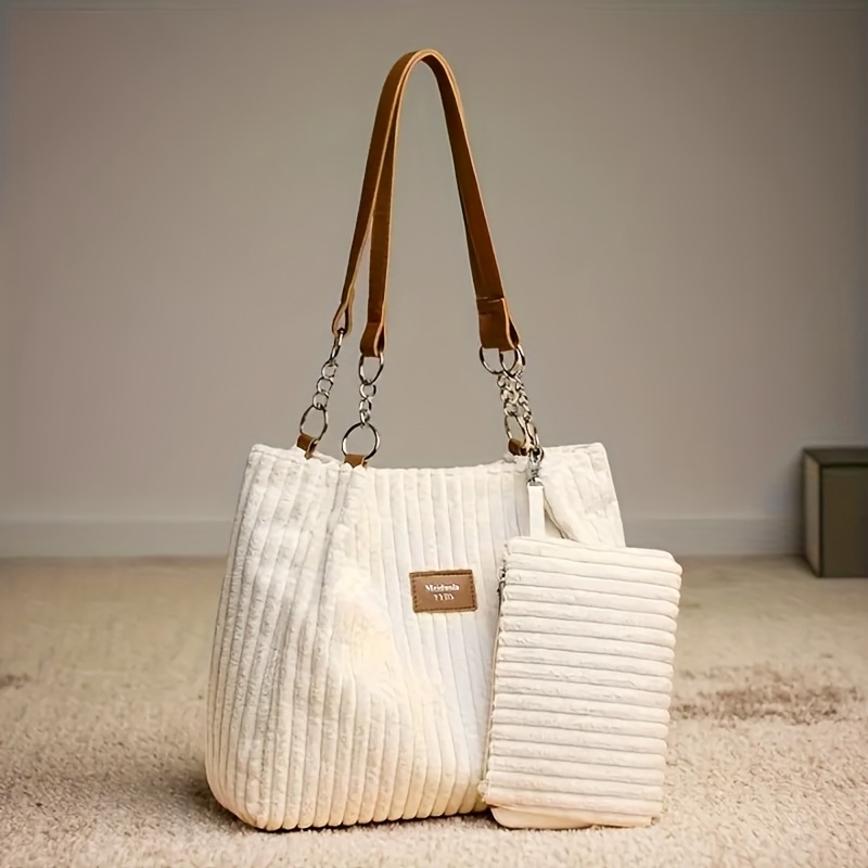 TEMU Women's New Corduroy Plush Fluffy Fabric Zipper Closure Large Capacity Tote , Suitable As A Gift For Daily And Short Trips Halloween