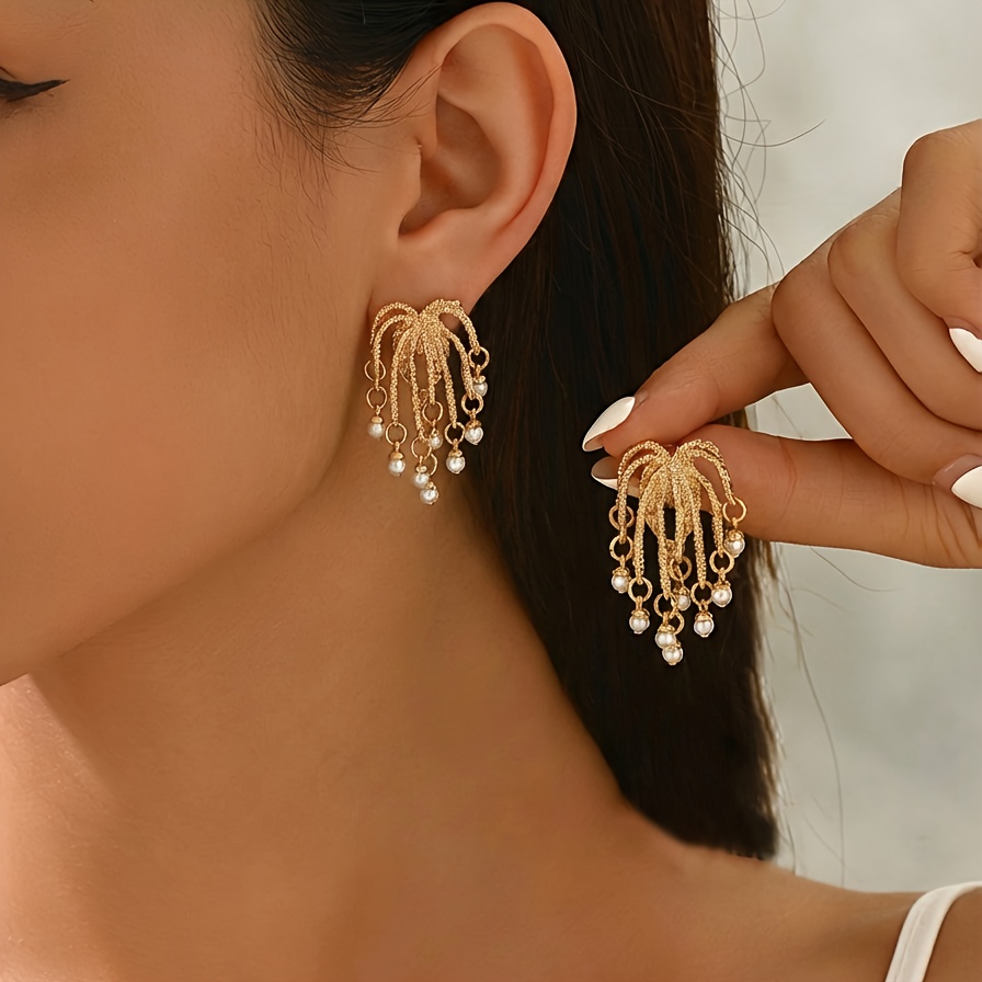 TEMU 1 Pair Of Women's /summer Tassel Earrings With Metal Woven Texture Claw Chain, Dangling Pendant, Delicate Metal Material, Suitable For Daily