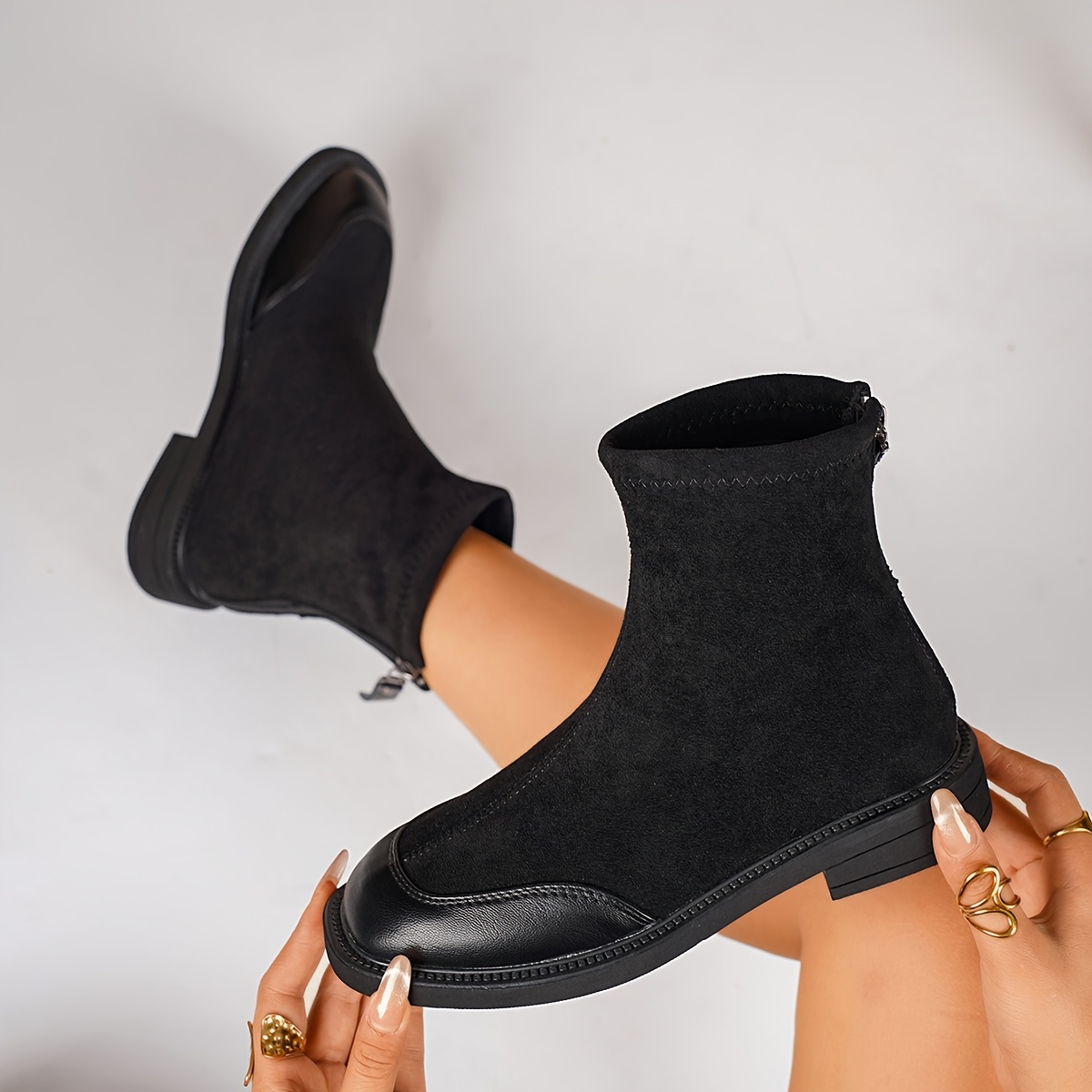 TEMU 2026 Spring/autumn New Women's Ankle Boots With Pu Forefoot And Rear, Back Zipper Flat Ankle Boots For Commuting And Casual Wear, Women Shoes