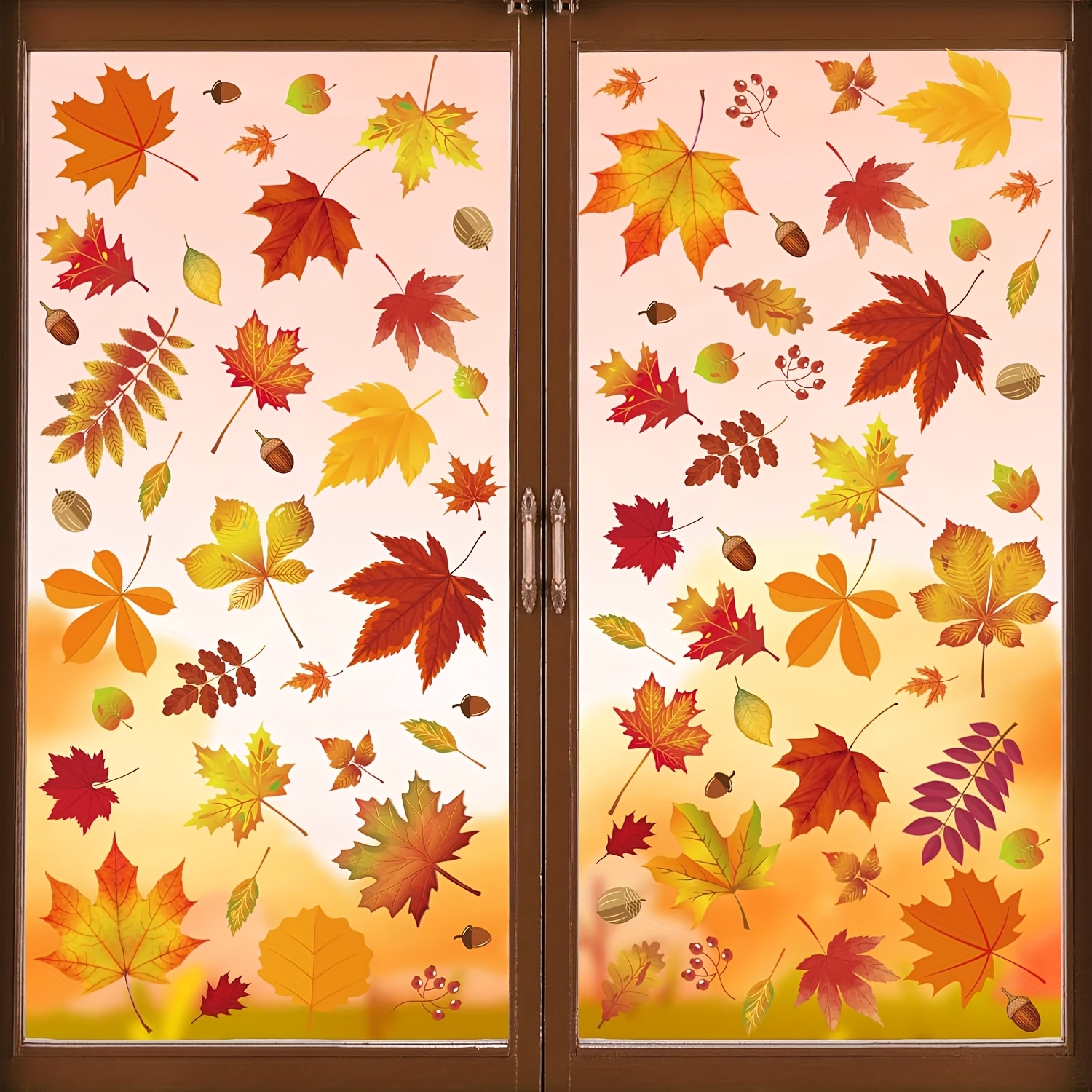 TEMU 144 piezas (6 hojas) Adhesivos de Ventana de Otoño para de Acción de Gracias - Decoraciones Reutilizables con Patrones de Hojas Multicolor,